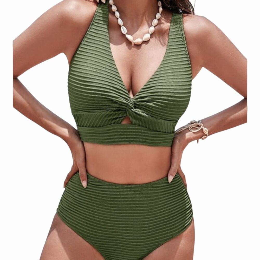 Women's Green Textured Plunge Neck Keyhole Front High Waisted Bikini Set Size S